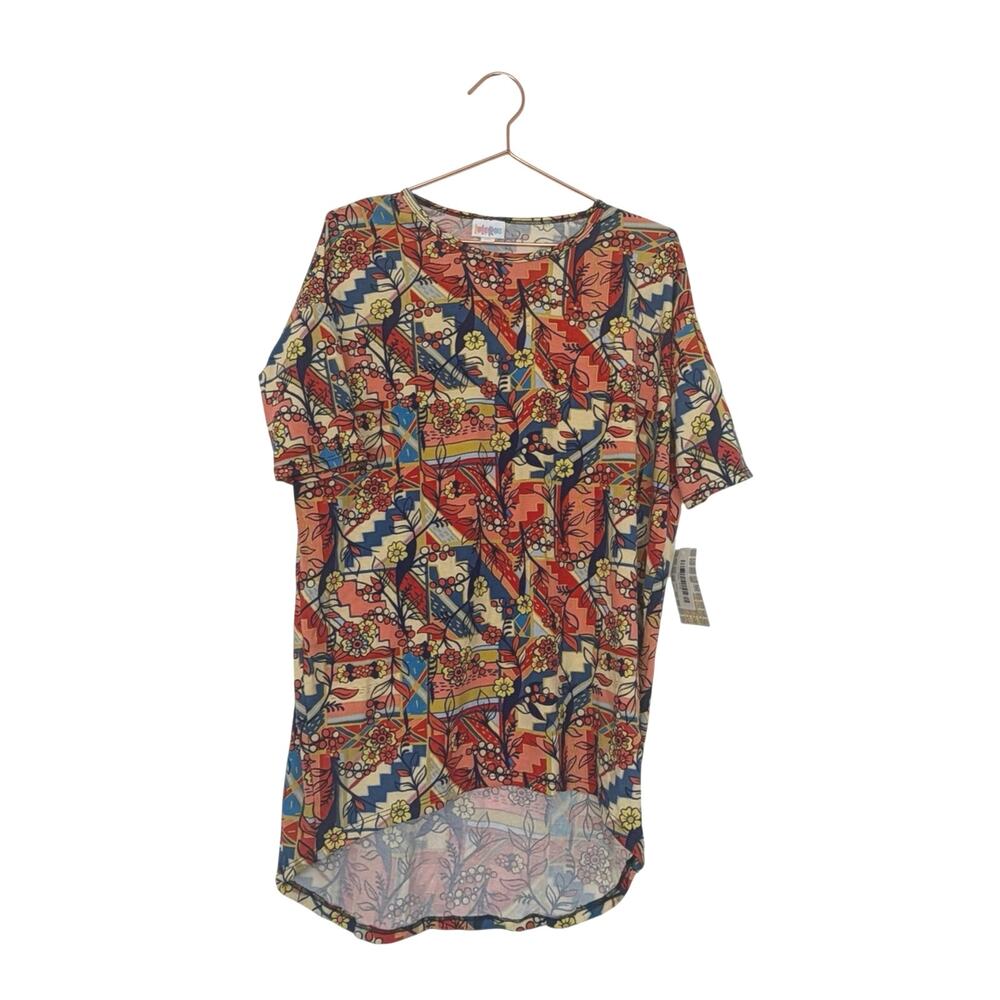 LuLaRoe Coral, Navy & Yellow Floral Geometric Irma Top